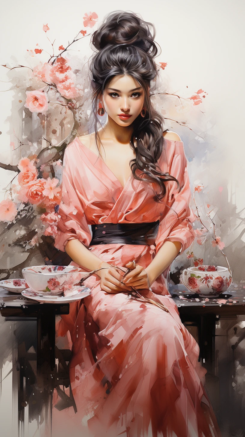 Graceful Geisha Kimono Cherry Blossoms Tea