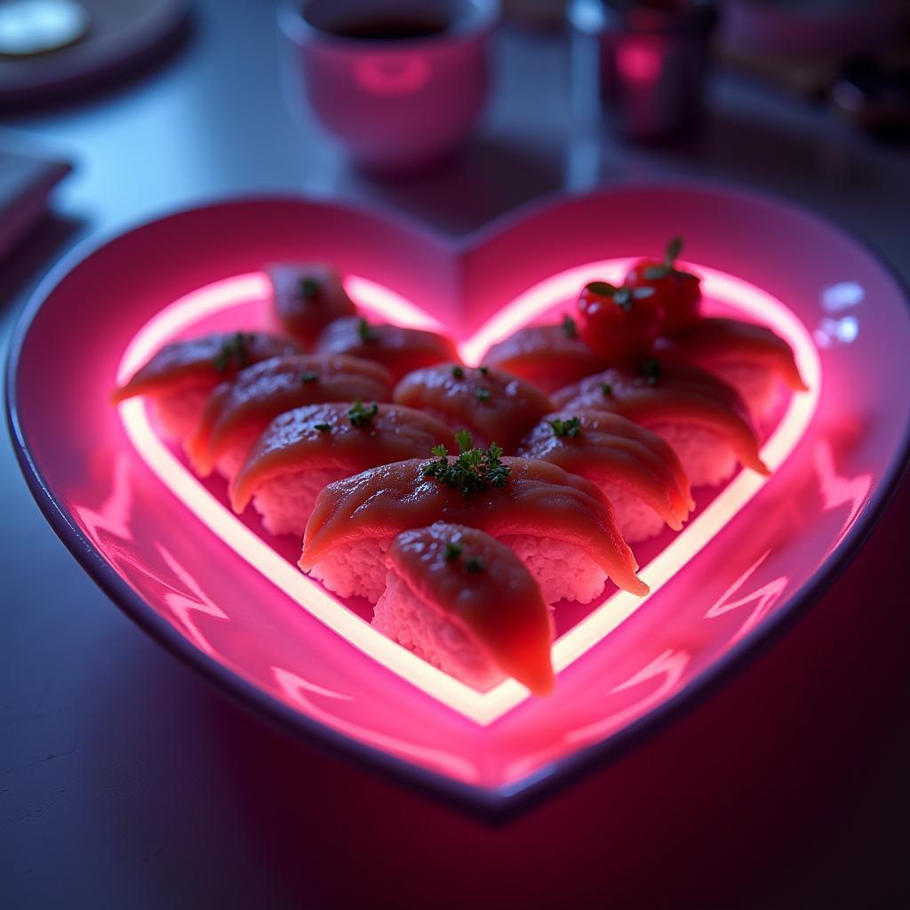 Sushi Heart Glowing in a Cybernetic Kitchen