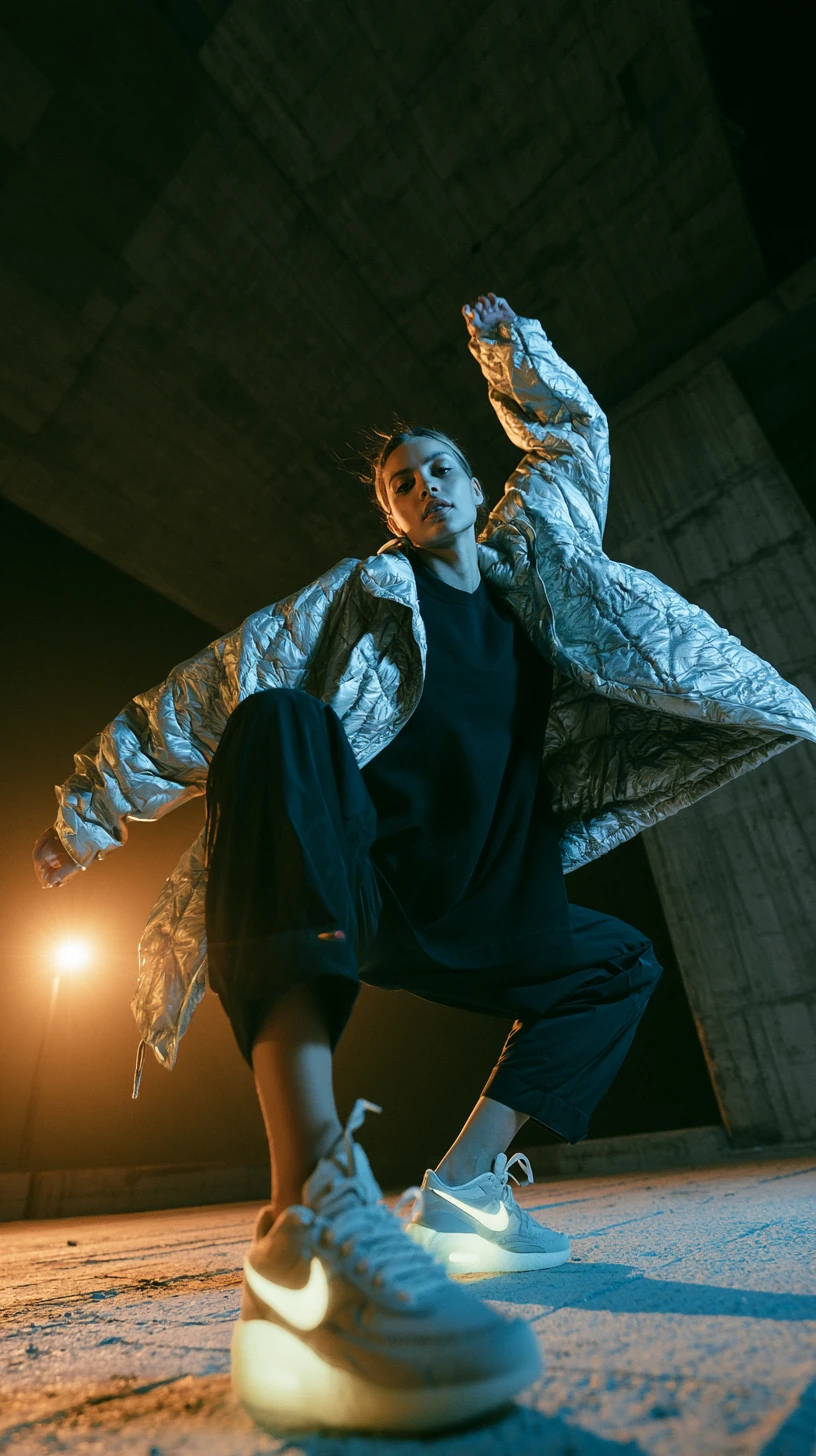 Female Model Puffer Jacket Dancing Overpass Night