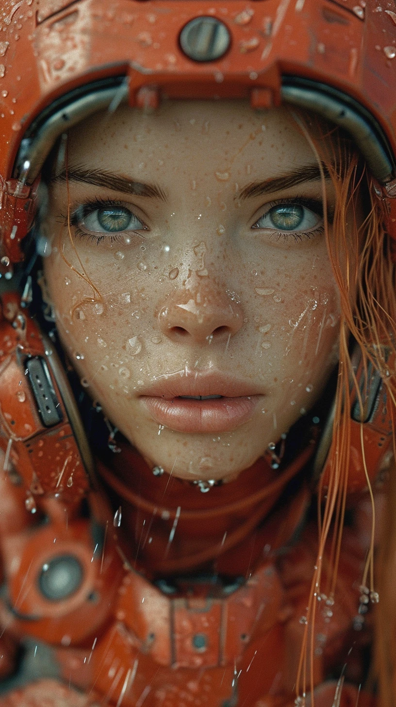 Young Girl Red Robot Suit Rain Hyperrealism