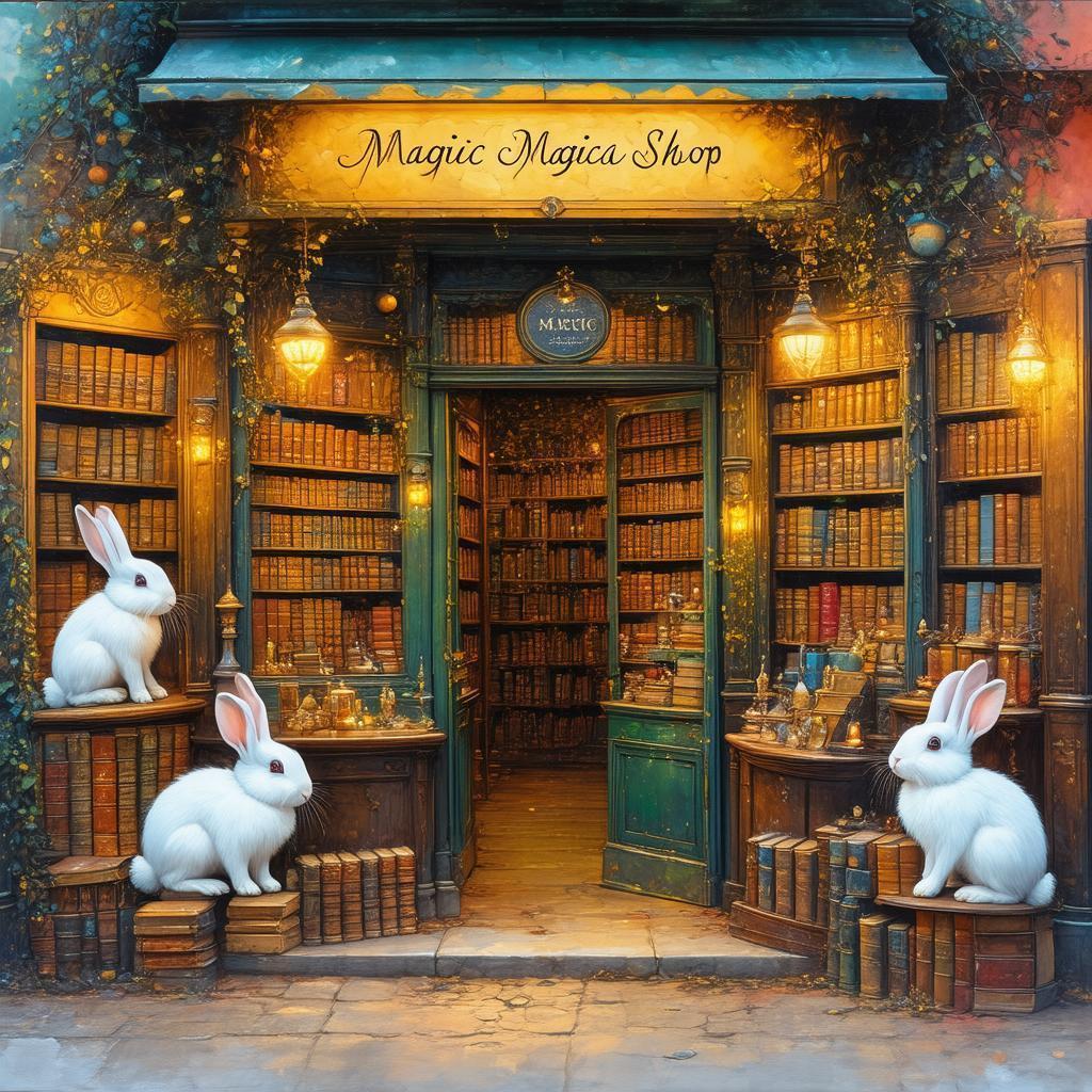 Whimsical Magic Shop Mural With Playful Rabbits