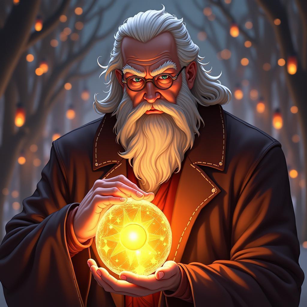 Anime Elder Holding a Reflective Glowing Orb