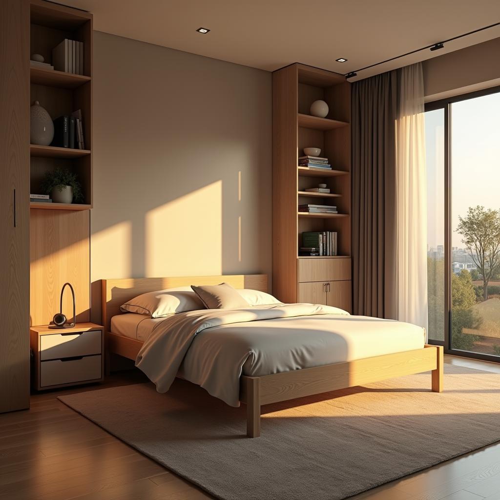 Minimalist Wooden Bed in Manga Monochrome