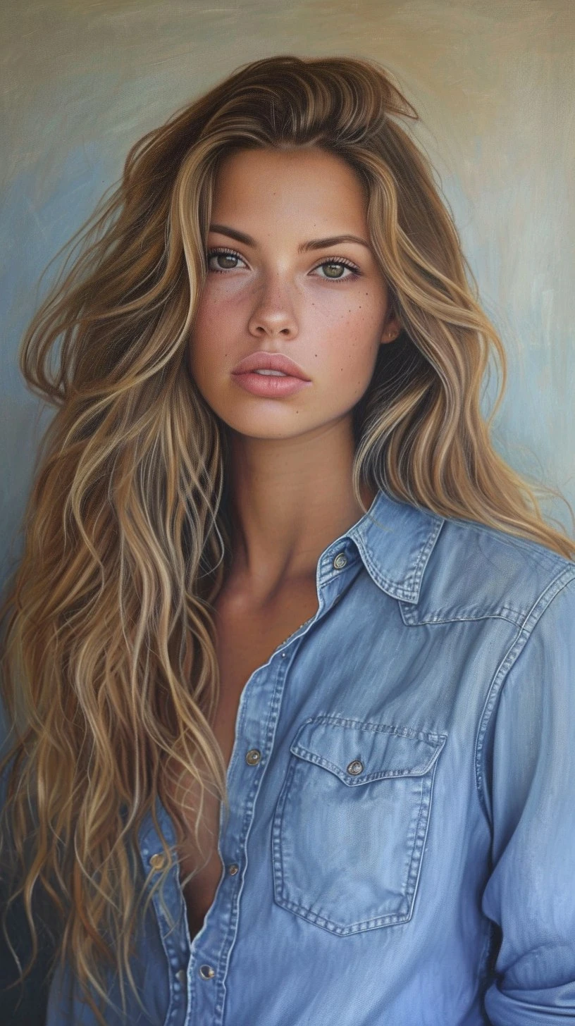 Woman Blue Shirt Painting Immaculate Shading