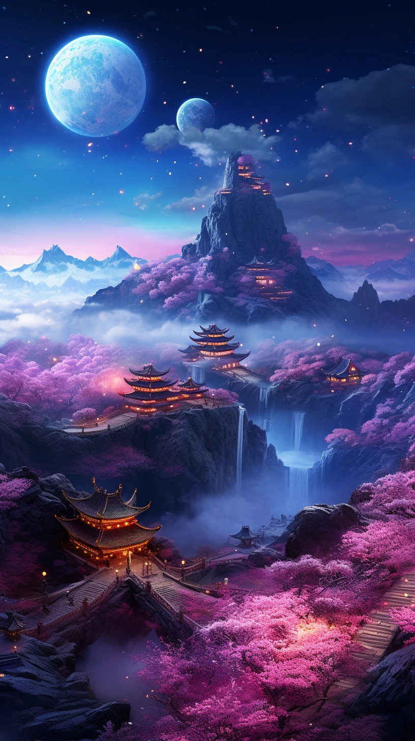 Surreal Nighttime Landscape With Waterfalls