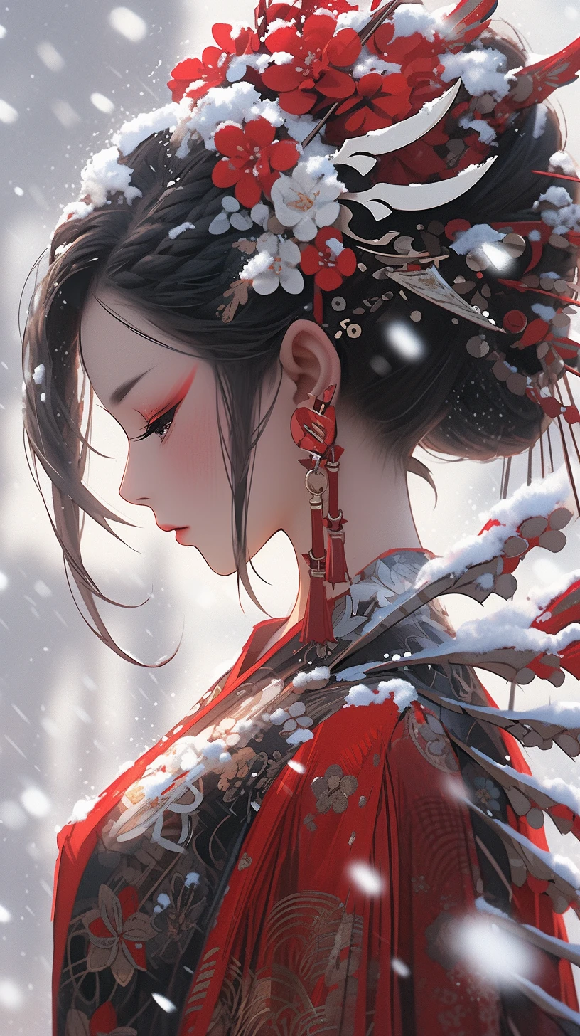 Geisha Red White Snow Scenes