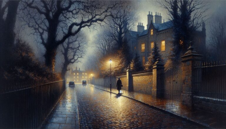 Victorian Era Figure on Rainy Cobblestone Road