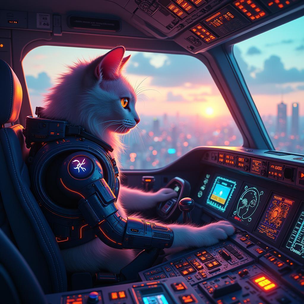 Neon Cat Piloting a Cybernetic Boeing 747