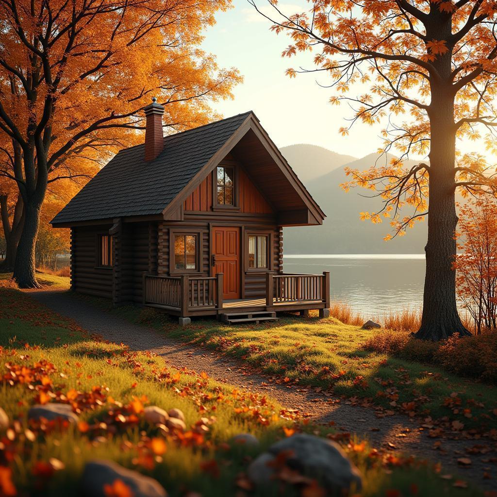 Cozy Cabin in Golden Autumn Landscape