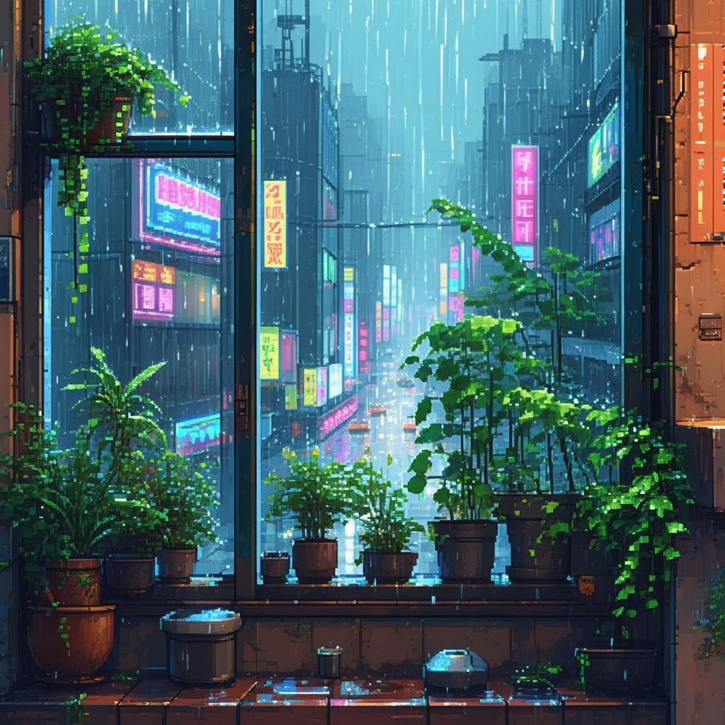 Pixel Windowsill Plants Over Rainy Cyberpunk Streets