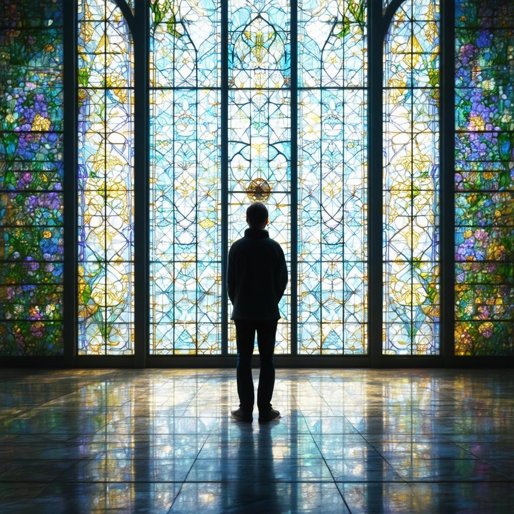 Ethereal Figure Before a Grand Stained Glass Window