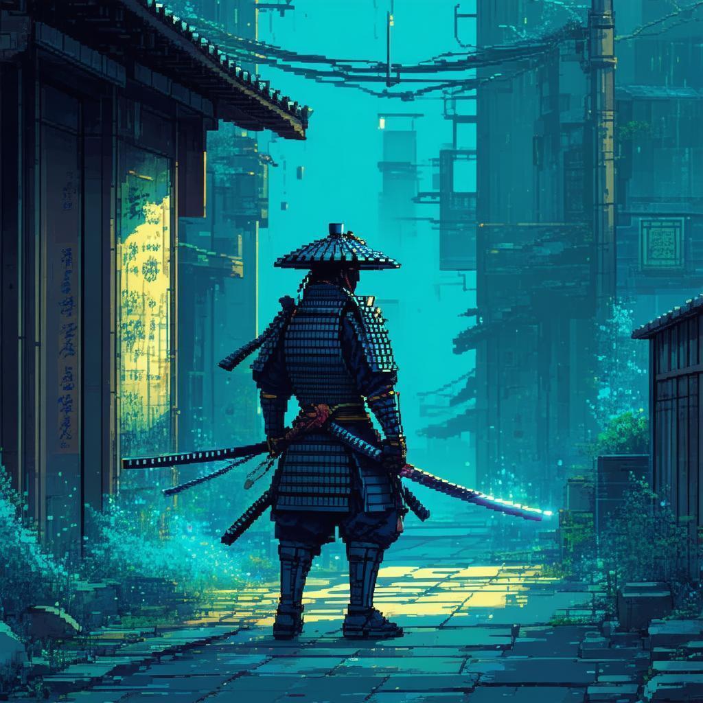 Pixel Samurai Sprite on Gritty Urban Streets