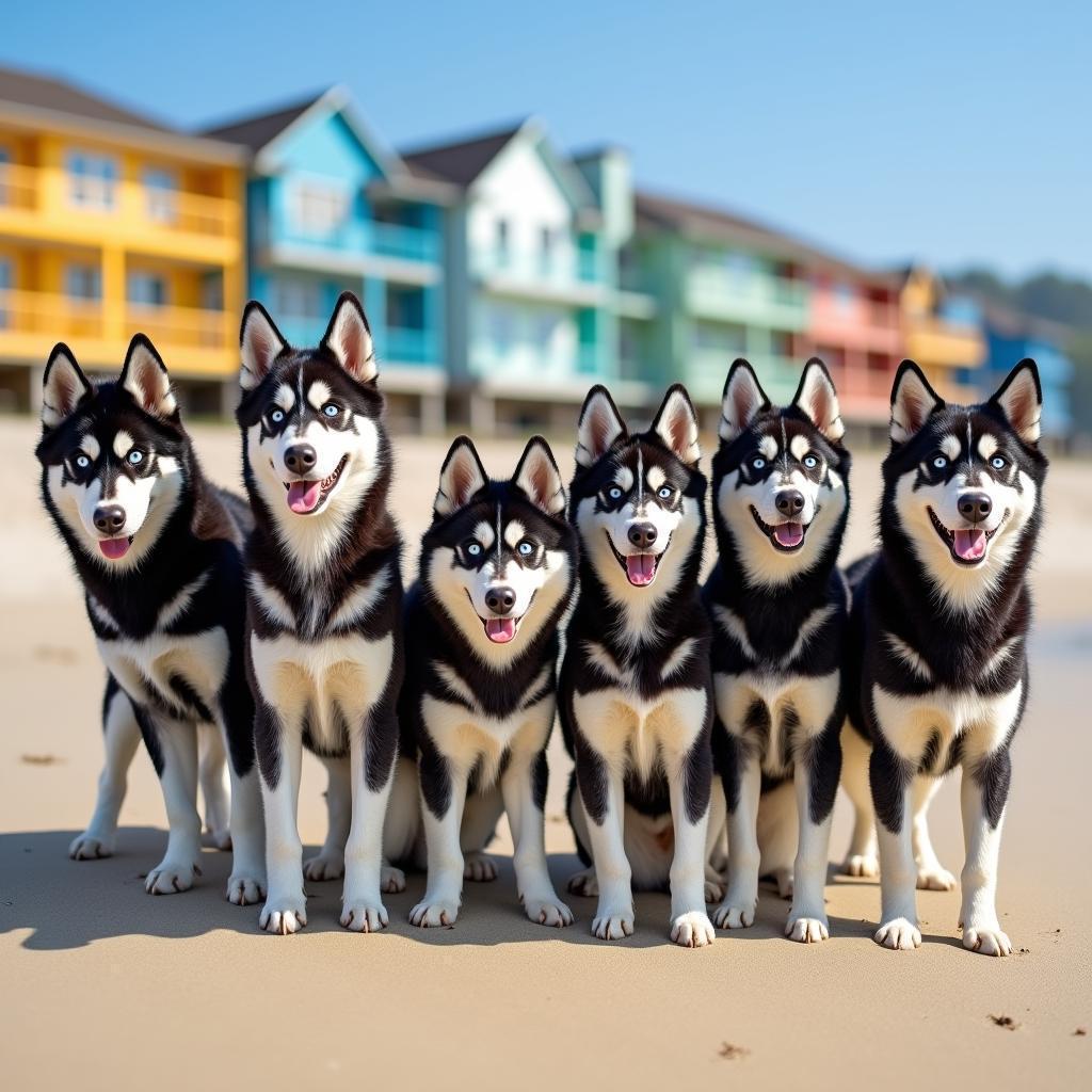 Six Happy Huskies on a Vibrant Beach