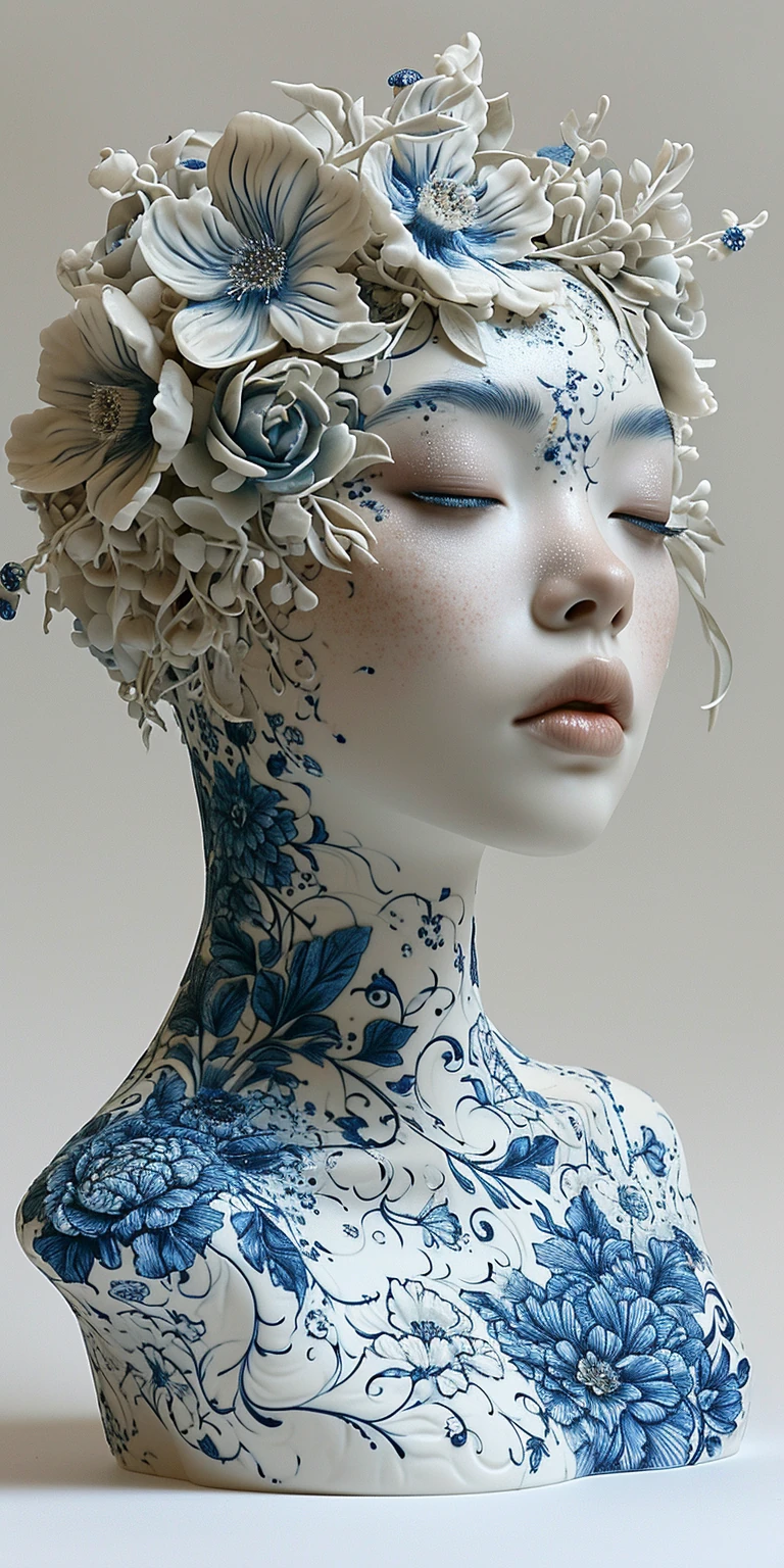 Porcelain Woman Symmetrical White Blue