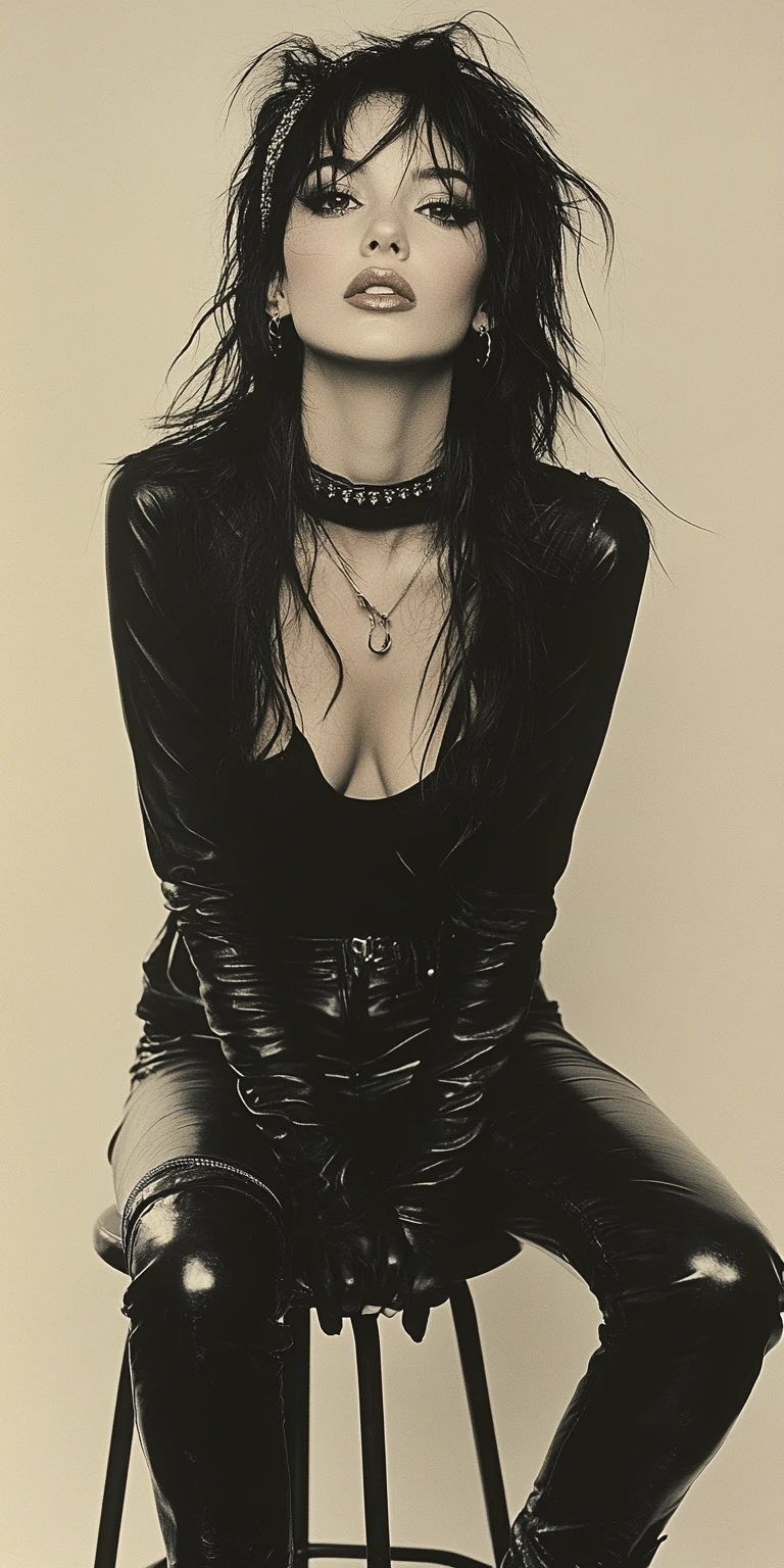 Woman Black Hair Leather Pants 1990s