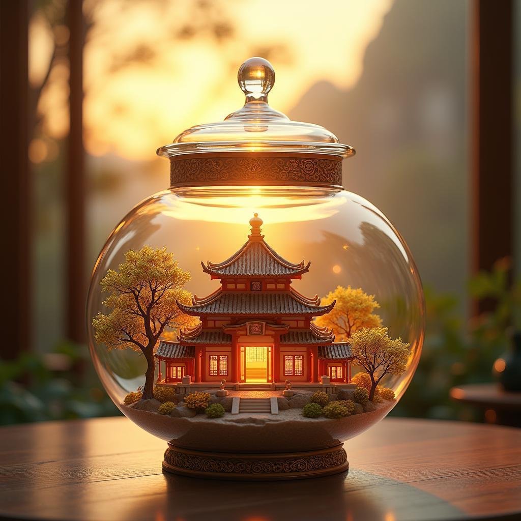Chinese Temple Cradled Inside a Glass Jar