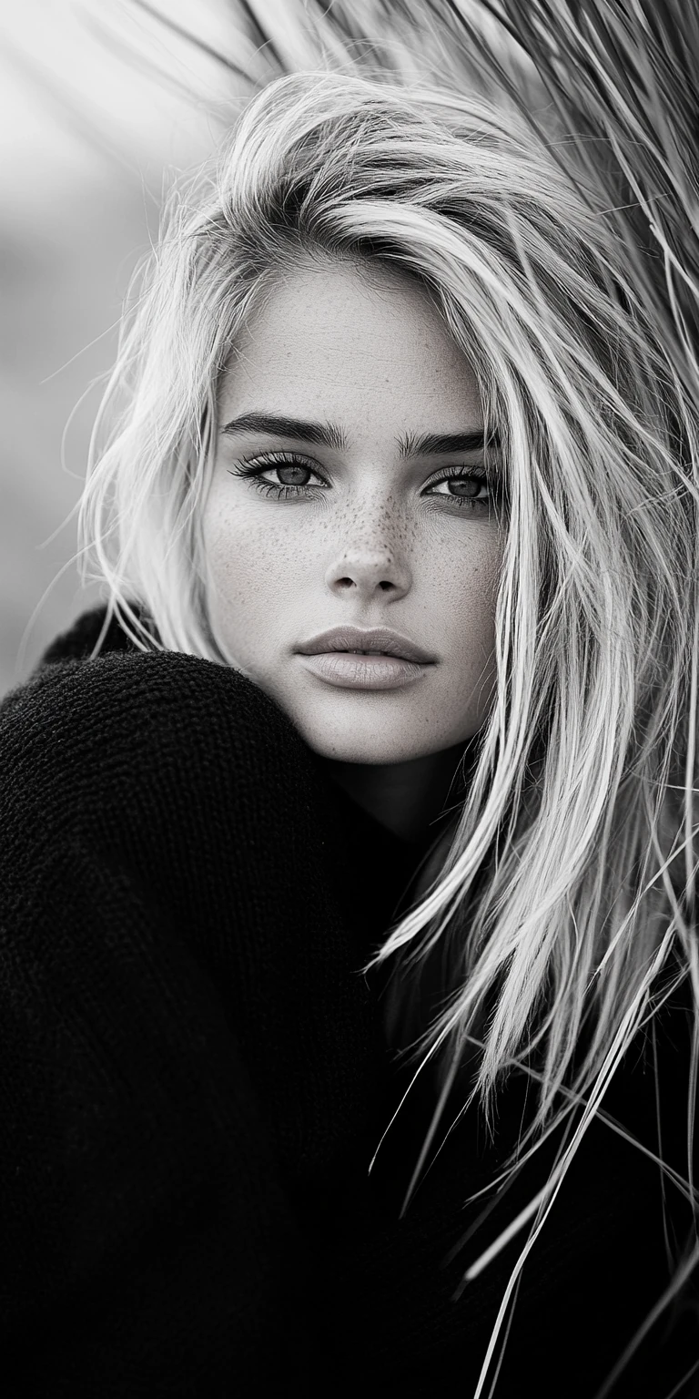 Young Woman Grass Black White Photography