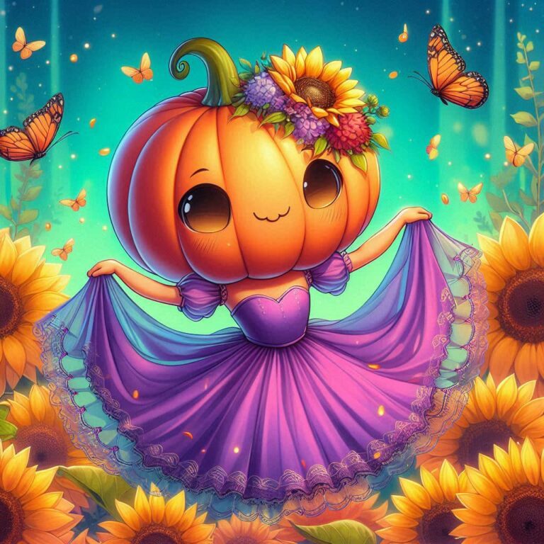 Cute Pumpkin Dancing in Colorful Sunflowers