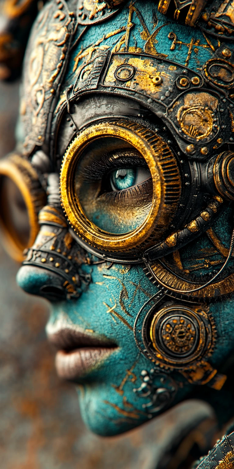 Steampunk Woman Gold Cyan Detail