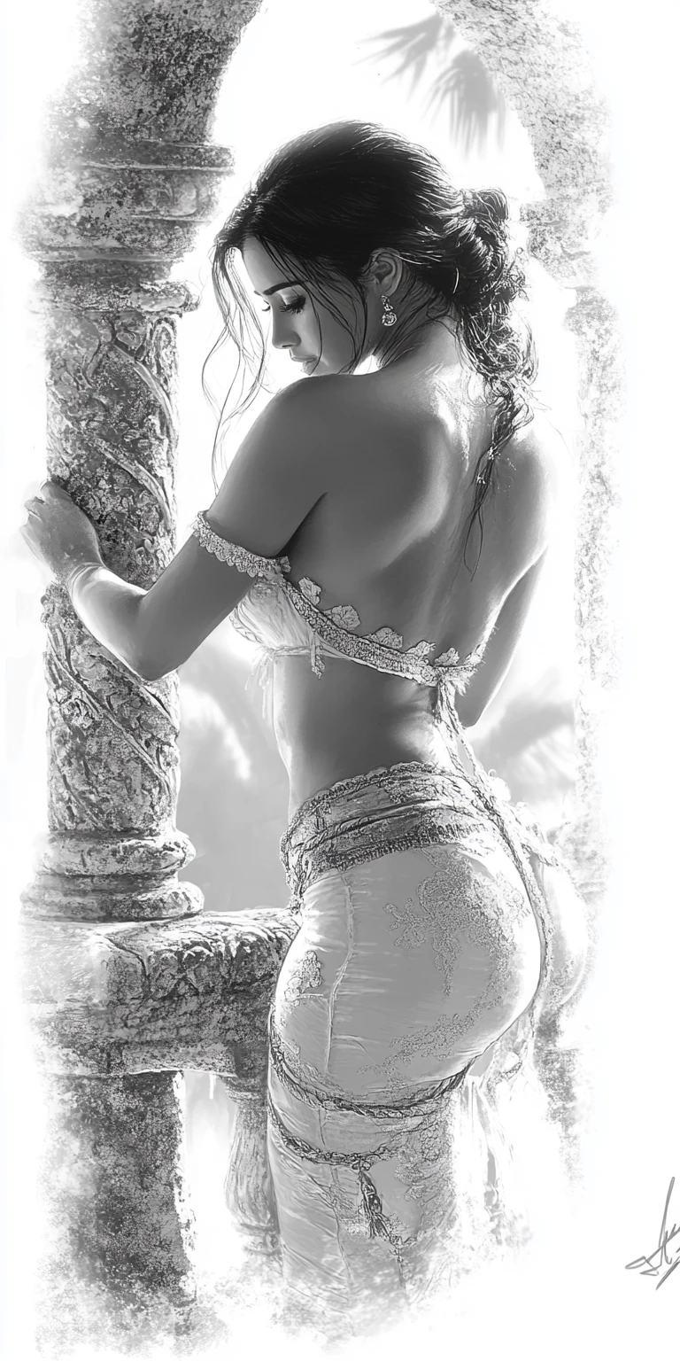 Spanish Woman Sketch Black White