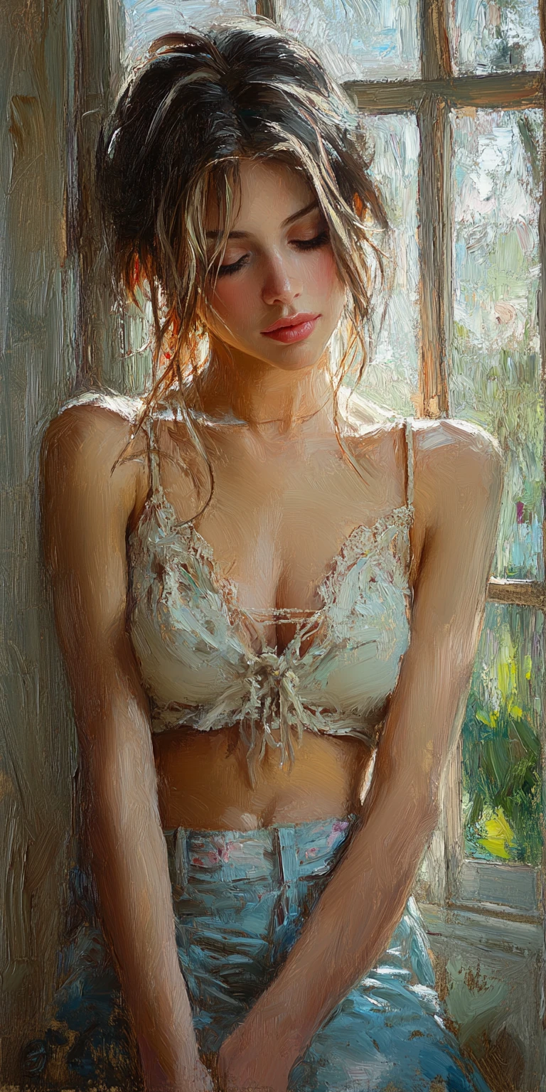 Woman Window Romantic Impasto Painting
