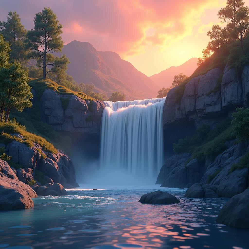 Serene Waterfall at Sunset in Detailed 3D