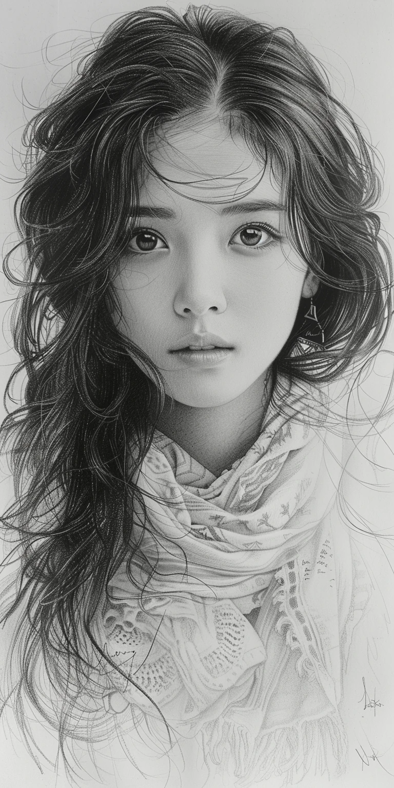 Asian Girl Pencil Sketch Long Hair
