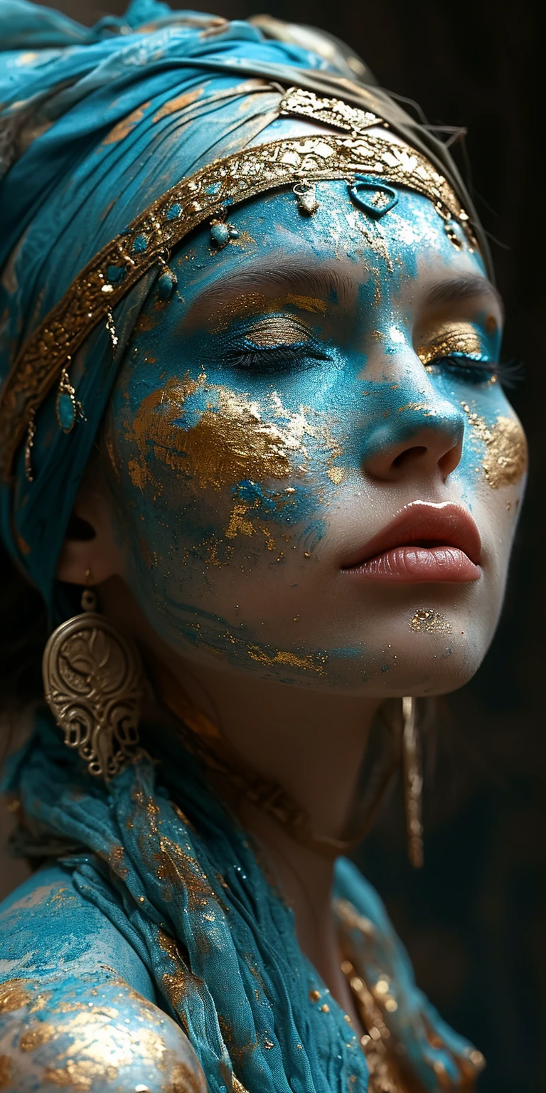 Woman Red Blue Gold Makeup