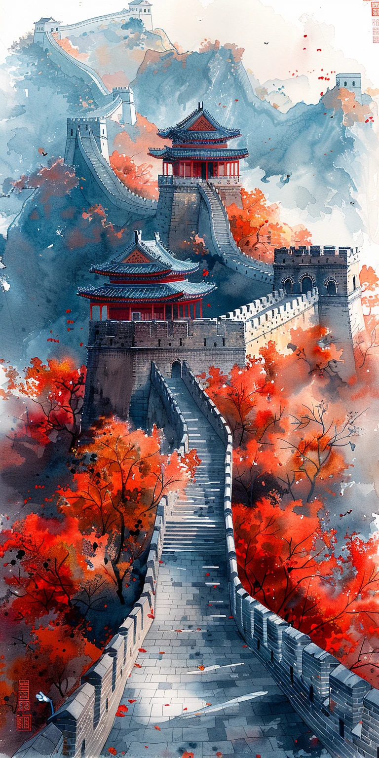 Great Wall Watercolor Autumn Chinese