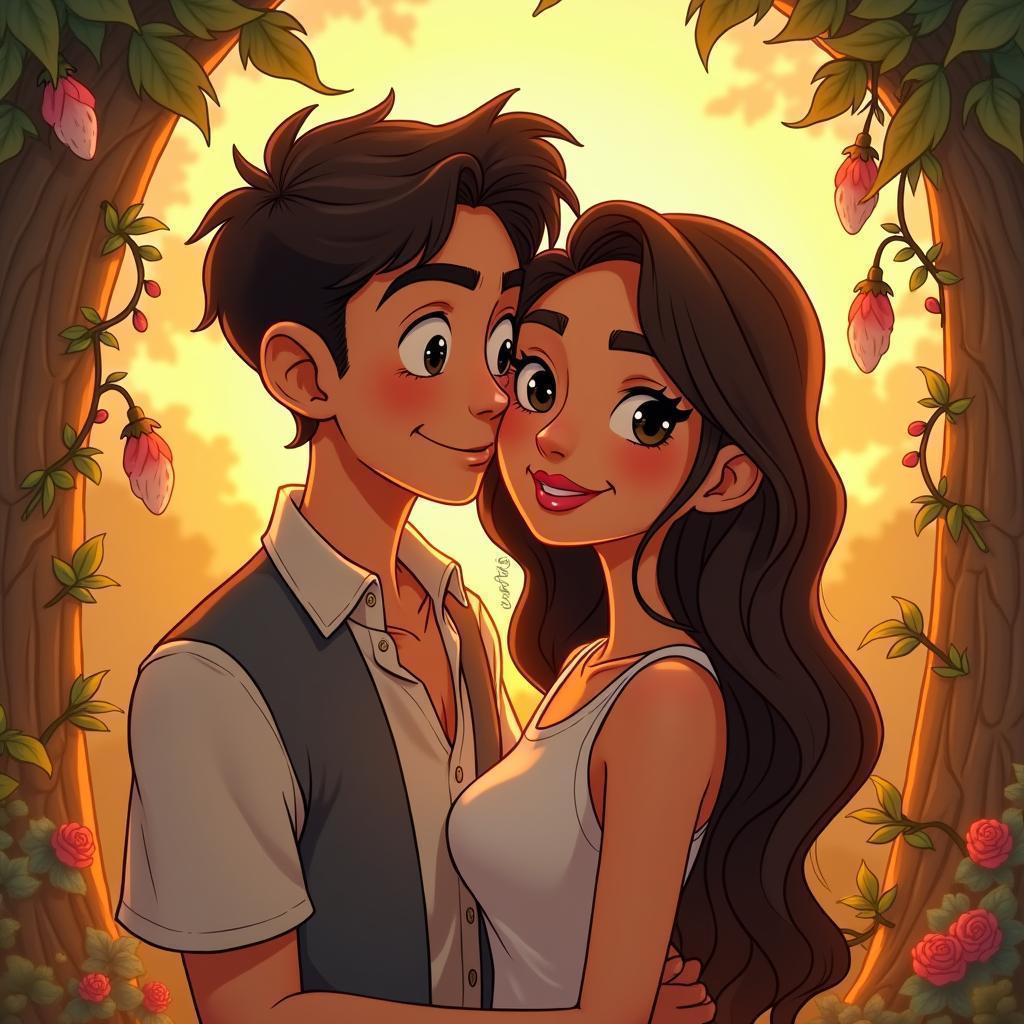 Cuddling Couple in Hand Drawn Ghibli Warmth