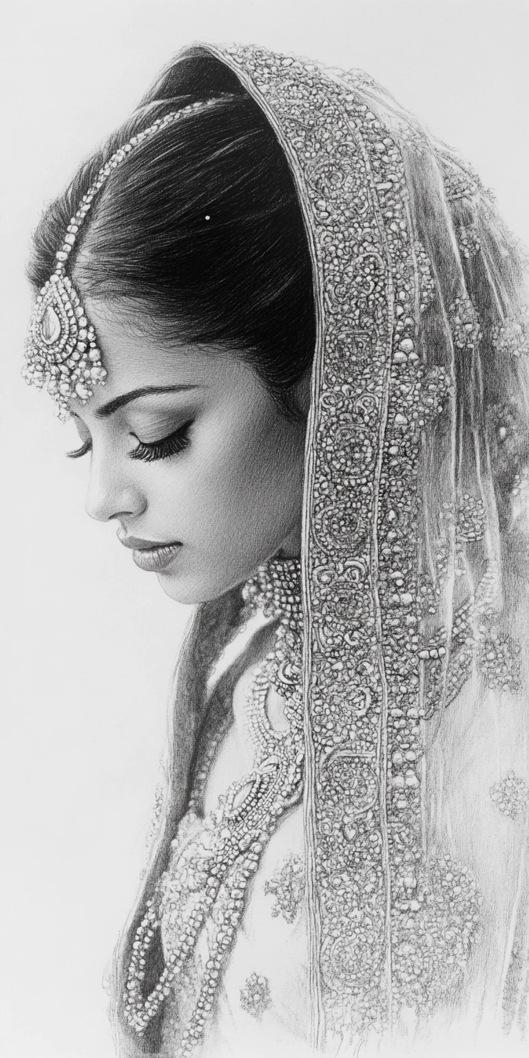 Indian Woman Black White Sketch