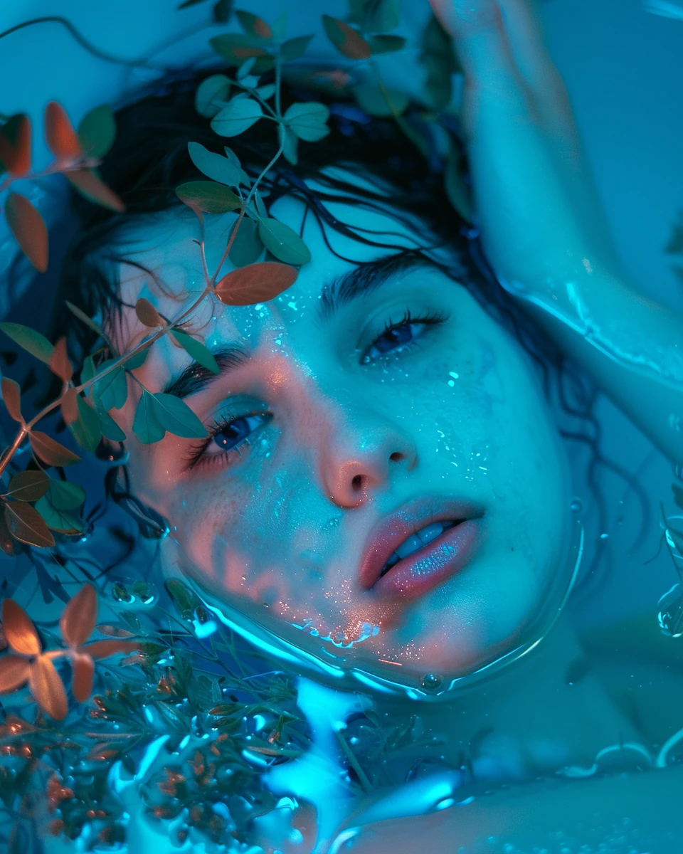 Woman Water Leaves Dreamy