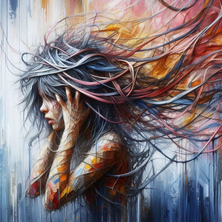 Disheveled Girl in Fierce Introspection Art