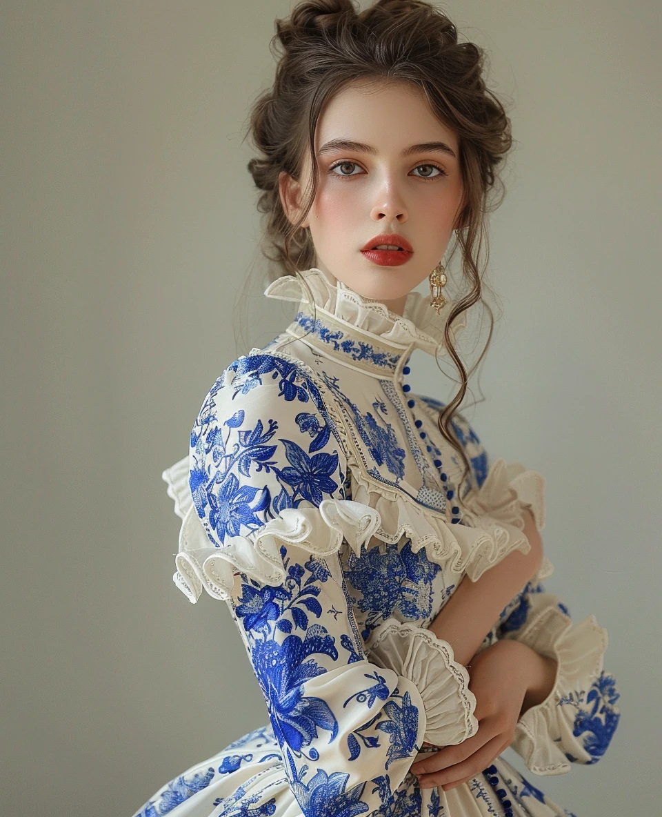 Woman Blue White Prints