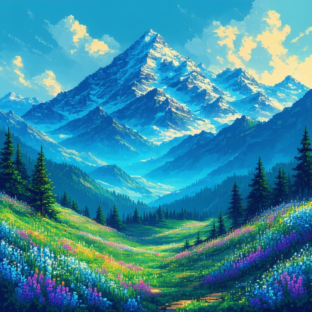 Misty Pixel Mountain Vista in Serene Blues