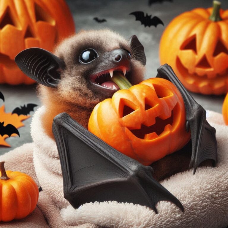 Adorable Fruit Bat Nibbling Halloween Pumpkin