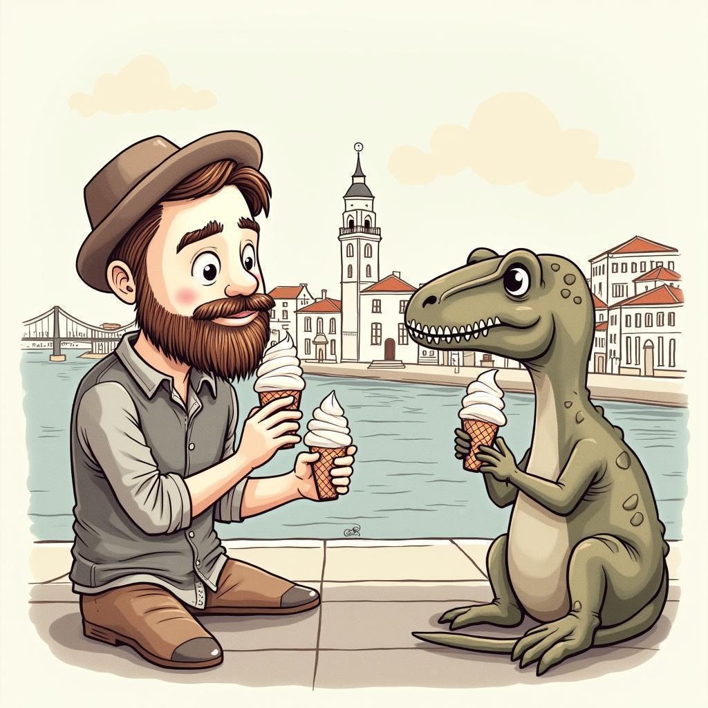 Bearded Man and Dinosaur Sharing Ice Cream