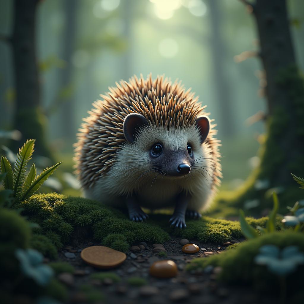 Hedgehog Glowing in a Mystical Symmetrical Forest