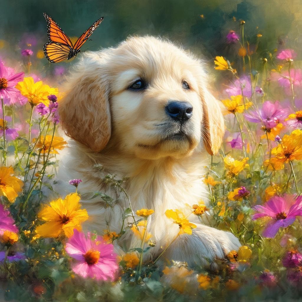 Golden Retriever Puppy Among Photorealistic Flowers
