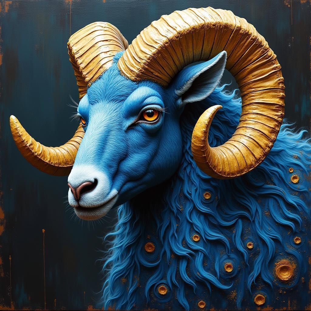 Majestic Ram in Swirling Blue and Gold