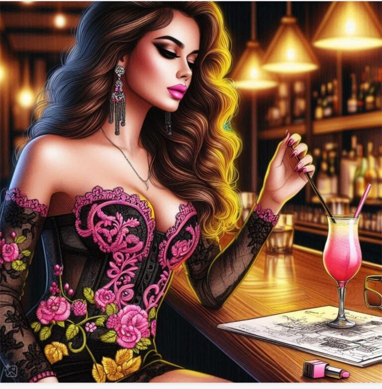 Gorgeous Woman in Bar with Embroidered Dress