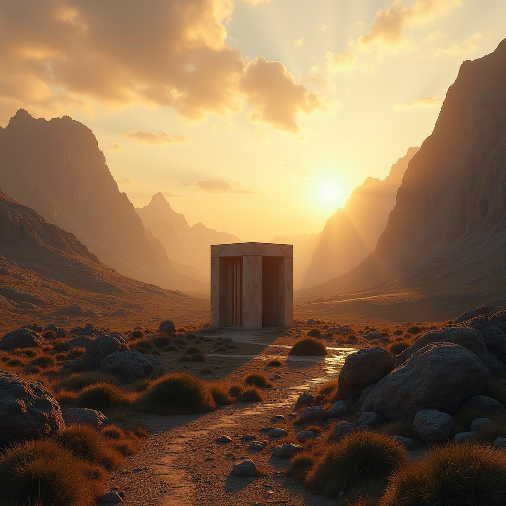 Geometric Cube Structure at Cinematic Sunset