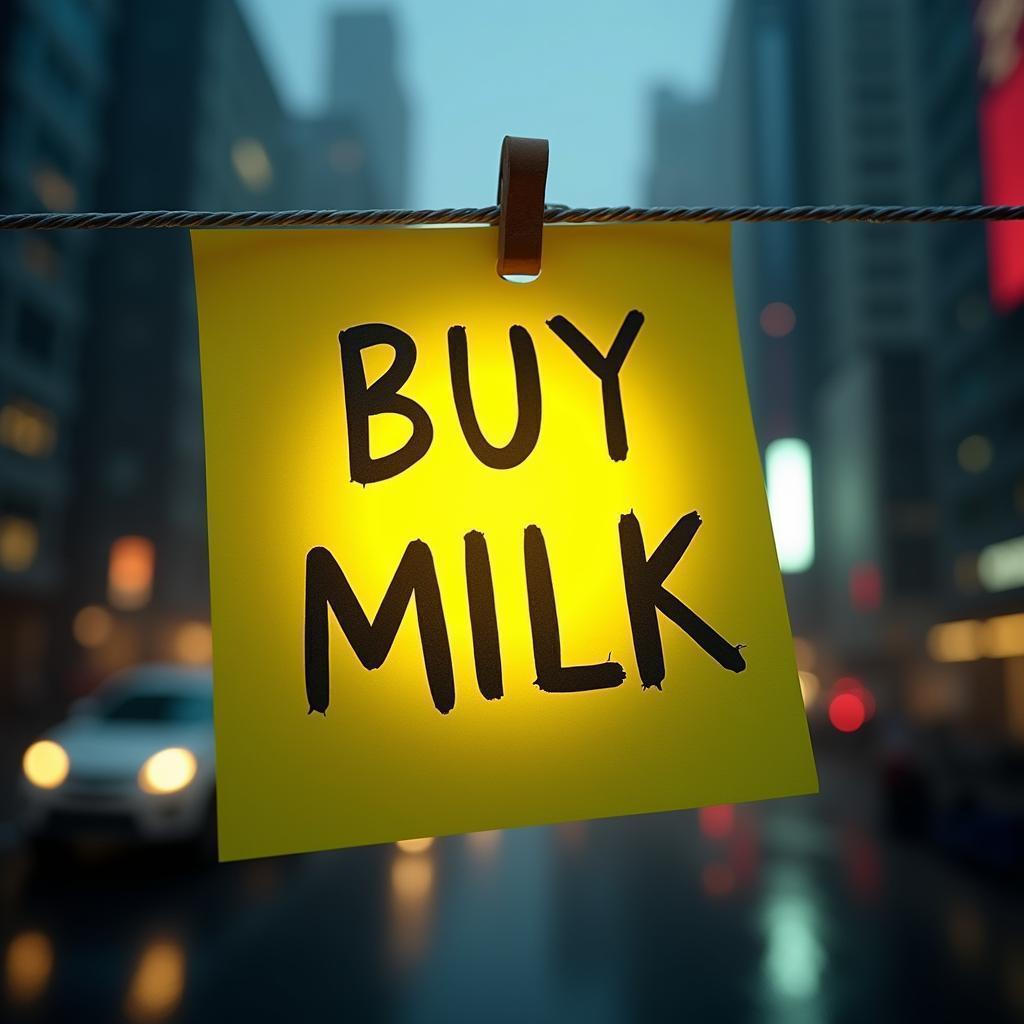 Buy Milk Sticky Note Over Futuristic City