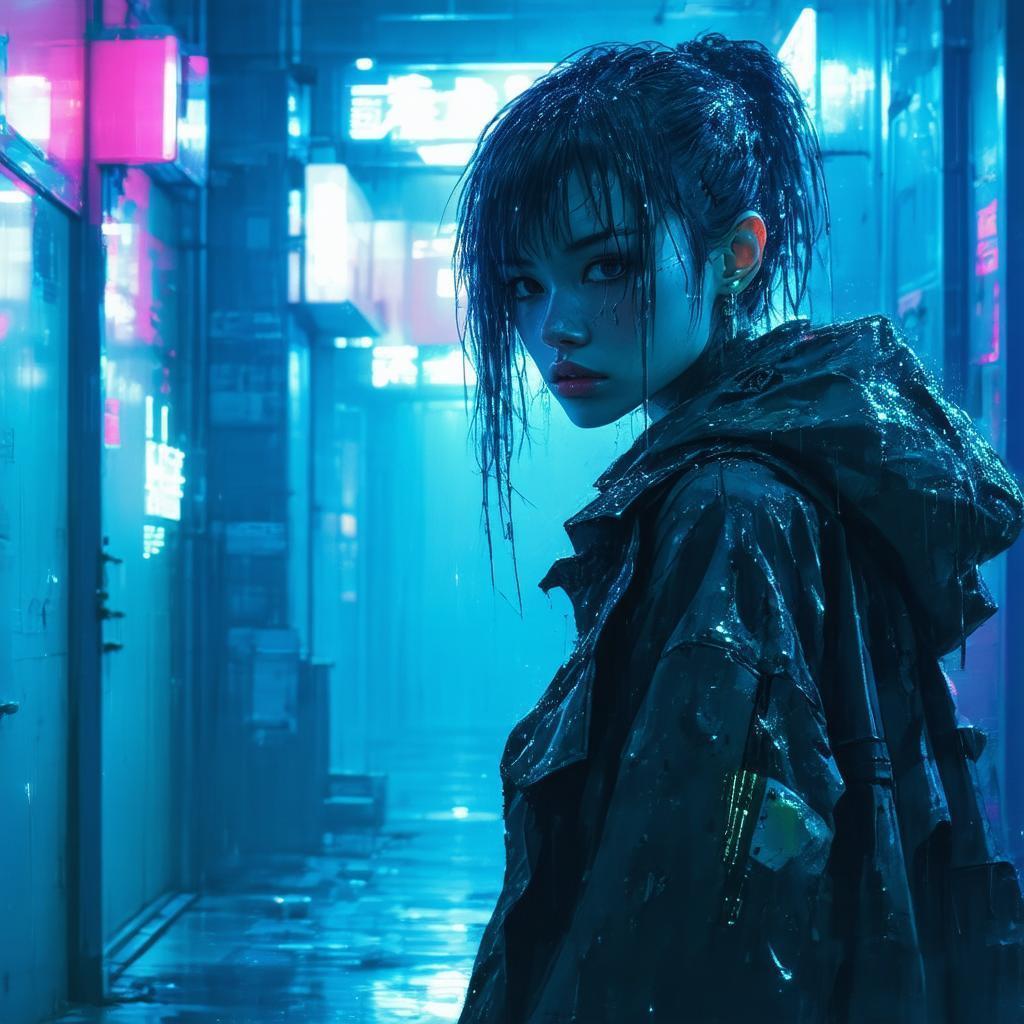Cyberpunk Woman in Moody Neon Sorrow