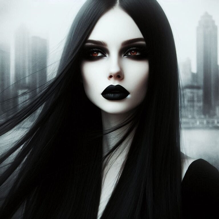Goth Girl in Foggy Cityscape Background