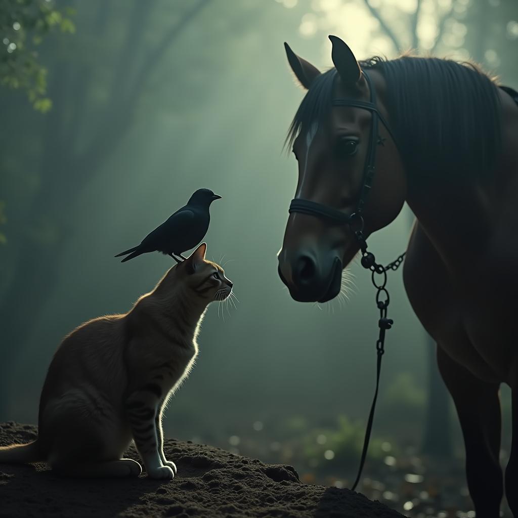 Bird Cat and Horse in Cinematic Vignette