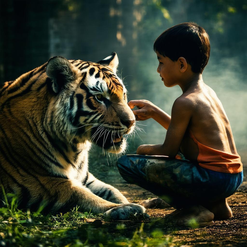 Boy Playing With a Tiger in Cinematic Light