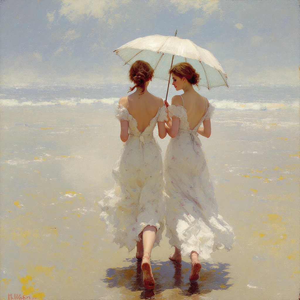 Women Walking Beach Impressionism