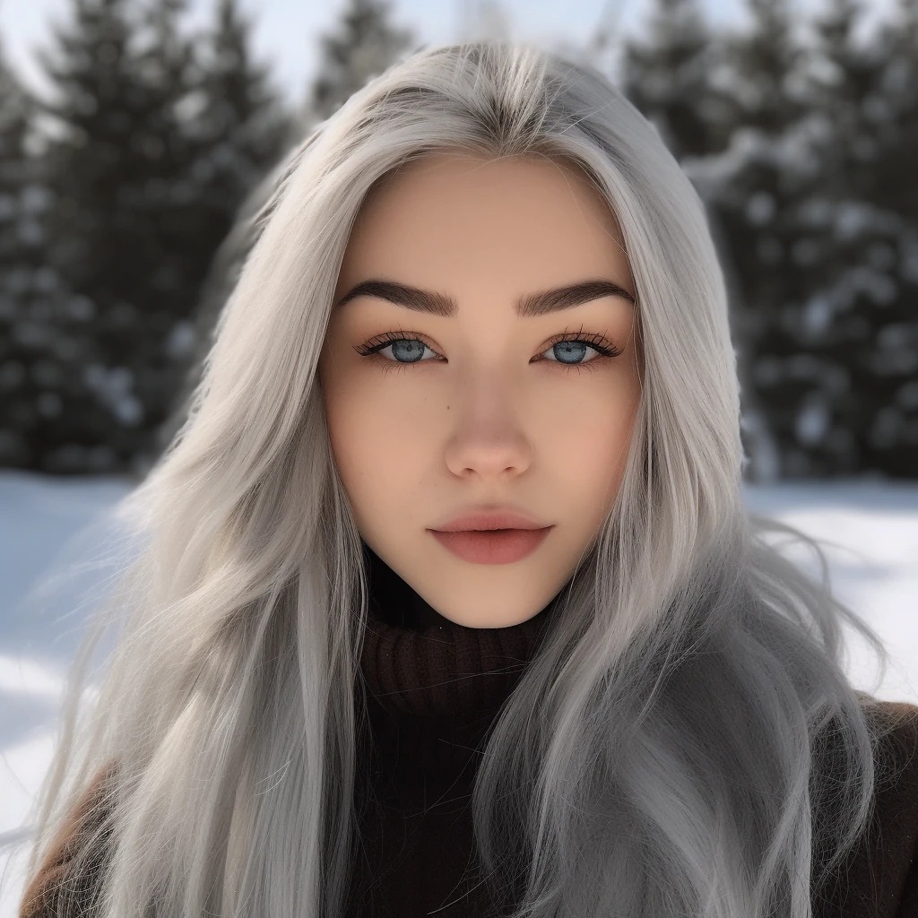 Asian Woman Silver Hair Snow