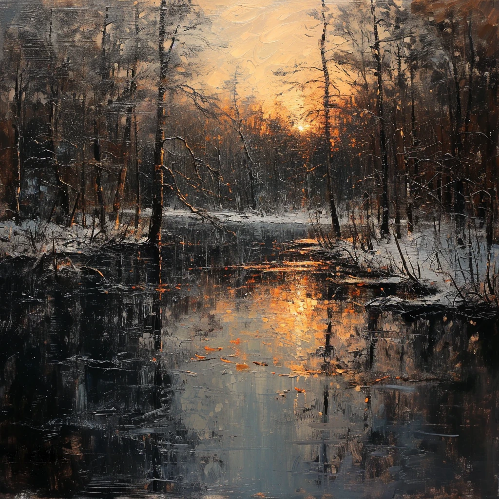 Winter Lake Belarus Sunset Painting
